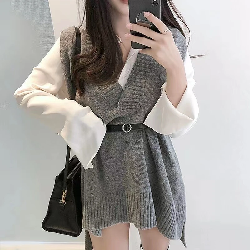 V-hals Mouwloos Los Gebreide Riem Trui Vest Vrouwen Veelzijdige Bovenkleding Herfst Winter Tops Nieuwe CasualSolid Knitwear Tank Top