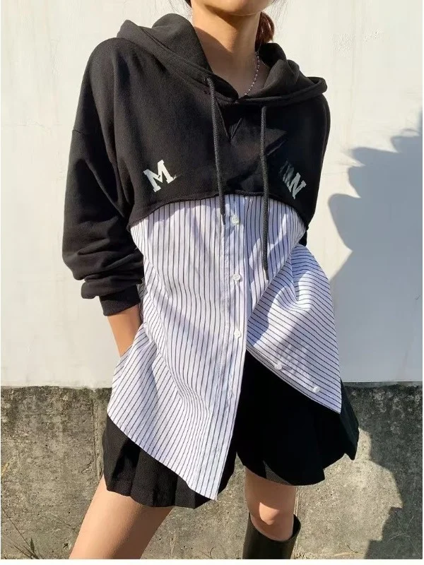 Trendiger, übergroßer, langer Sve-Hoodie für Damen, Patchwork-Streifendruck, bequem, vielseitig, Herbstfaion, lässige Streetwear