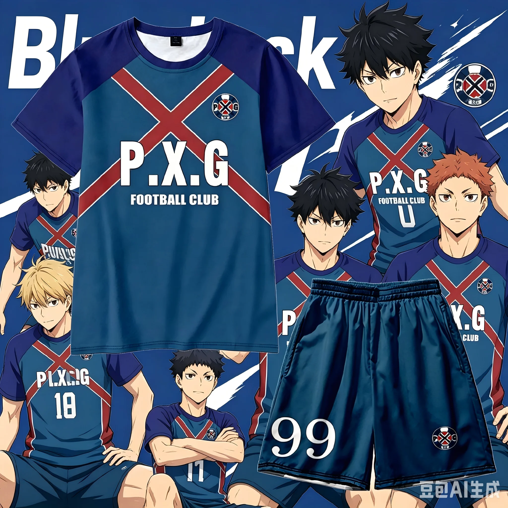 Summer Paris X Gen P.X.G Blue Locked Japanese Anime Soccer Jersey, No. 9 Shidou Rin Cosplay 3D Crew Neck T-Shirt and Shorts