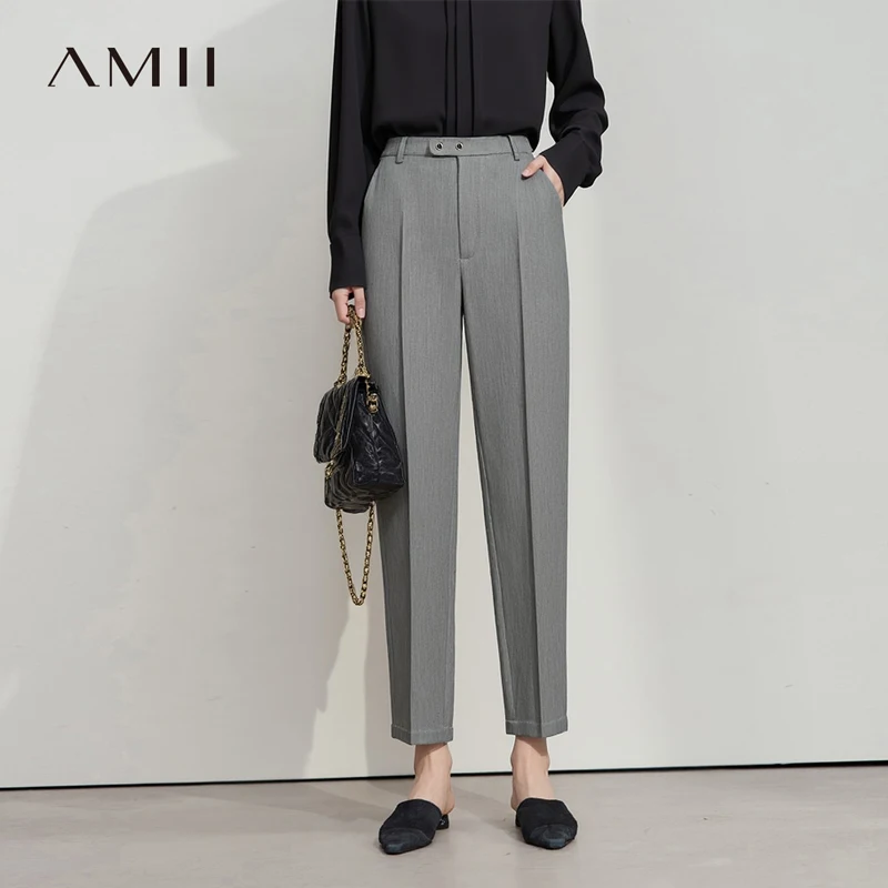 

Женские брюки AMII 2026: Весенне-осенние свободные повседневные модные простые брюки-кюлоты черного цвета из смесовой ткани со складками 12611025