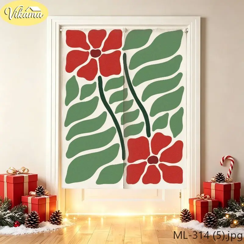 VIKAMA Christmas Door Curtain Abstract Red Floral Leaves HD Print, Easy Hang Festive Door Cover, Winter Holiday Decor