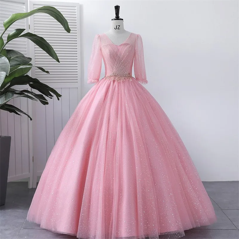 Ashley Gloria abiti Quinceanera manica lunga Bling Bling abito da festa con paillettes abito da ballo con scollo a v rosa dolce personalizza 2023 nuovo