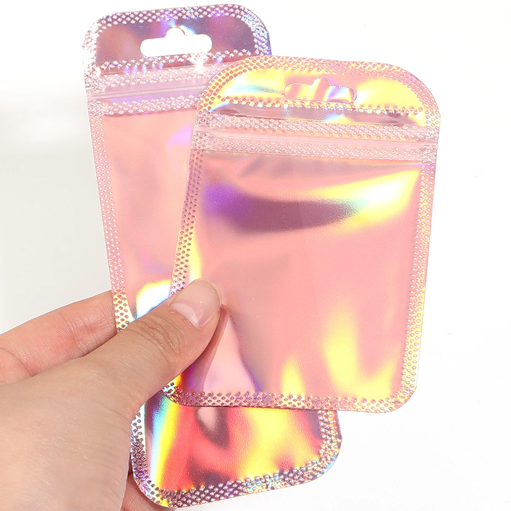 20pcs Iridescent Self Sealing Bags Pink Laser Plastic Pouches Resealable Zip Lock Packaging Manicure Jewelry Display Retail Bags