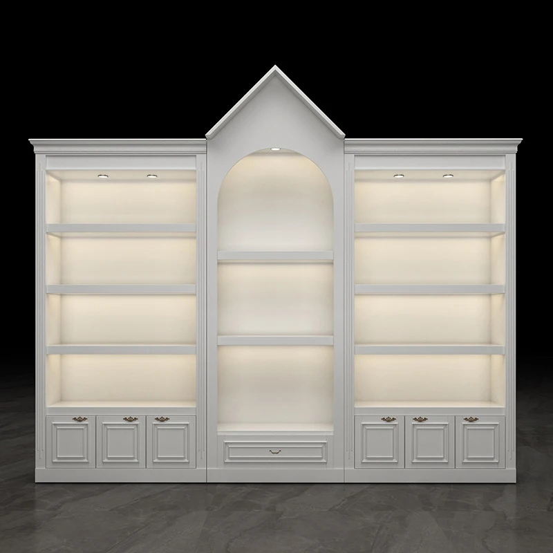 Modern Wooden Showcase Cosmetic Display Shelving Makeup Storage Beauty Salon Nail Polish Pink Display Cabinet