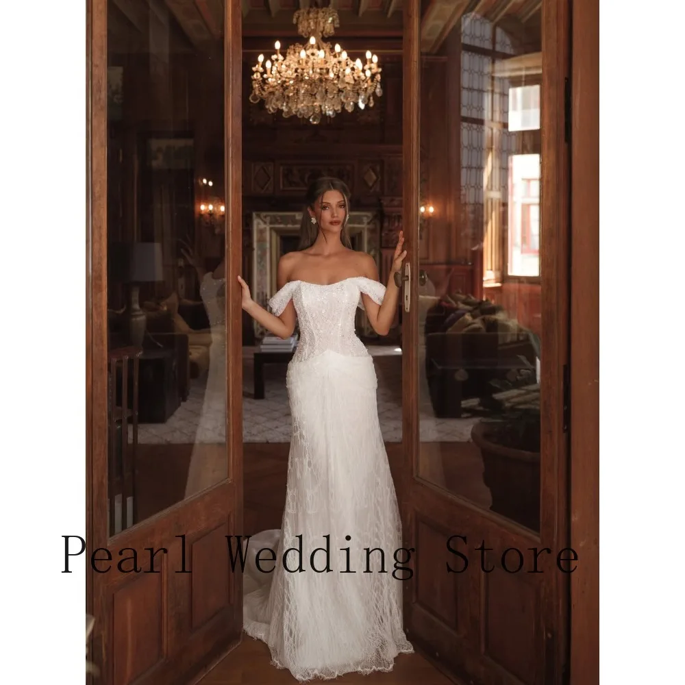 Lace Off Shoulder Mermaid Wedding Dress – Sequin Bodice Tulle Skirt Bridal Gown with Train for Rustic Wedding & Reception Events