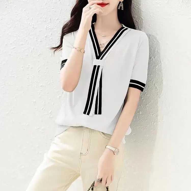 Women Summer Korean New V-neck Ice Silk Pullover Fashion Navy Style Color Block T-shirt Soft Casual Versatile Short Sleeve Tops