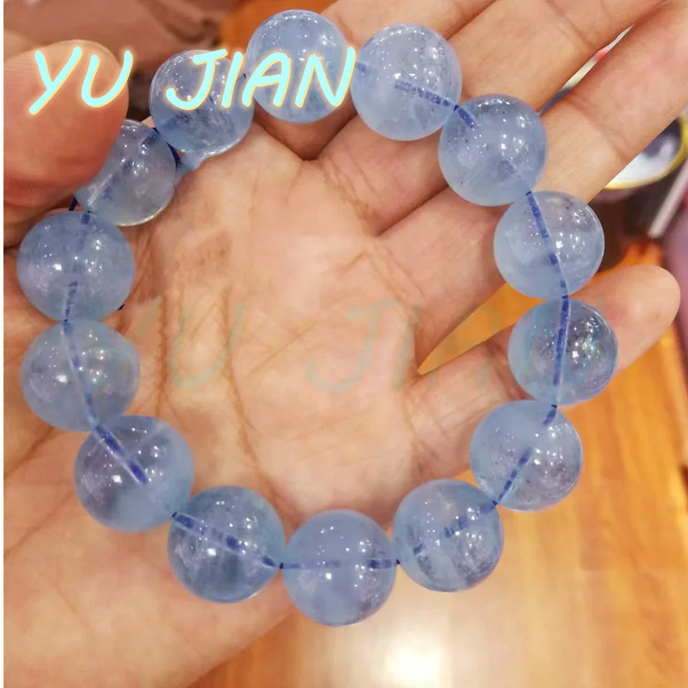 

Новейший натуральный синий аквамарин, прозрачный круглый браслет из бисера, бразильский эластичный изысканный хрустальный браслет, ювелирные украшения