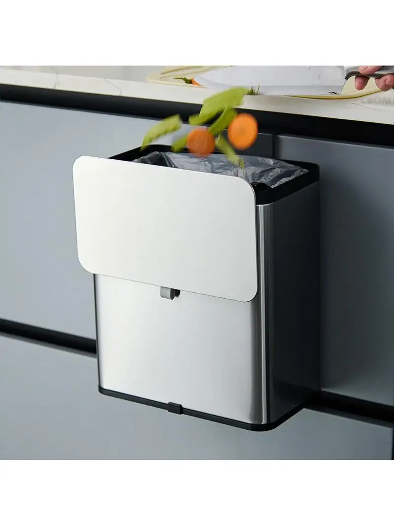 Stainless Steel Kitchen Trash Can Wall Mounted with Lid Home New Model Compostable Garbage Bin Storage Tube for Bathroom