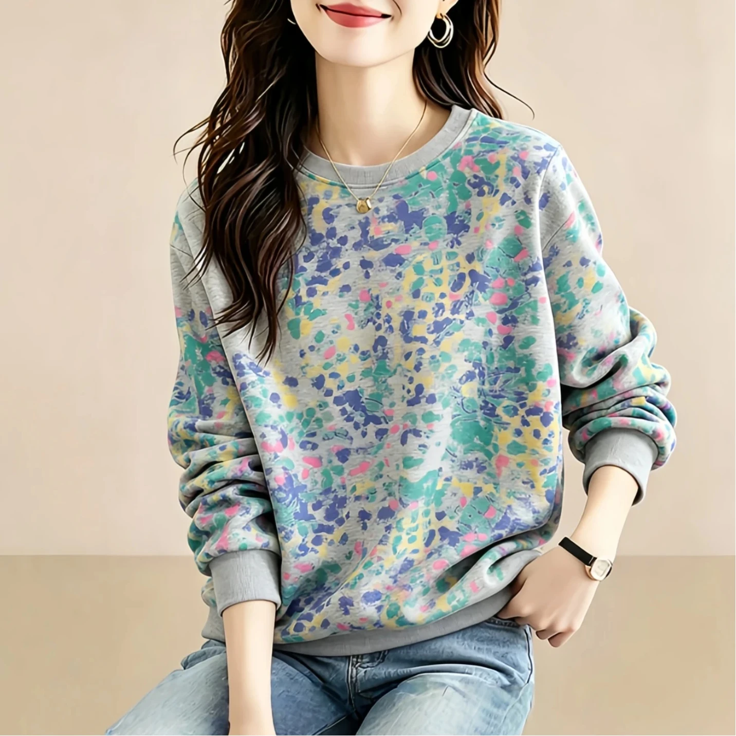 Loose Women's Sweatshirt Spring Autumn round Neck Versatile Mom Style Top Breathable Polyester Fiber Printed Splice Design
