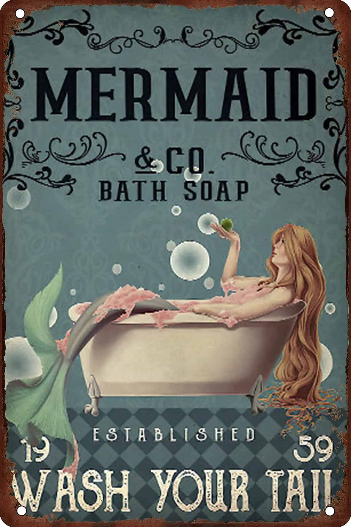 Vintage Wall Decor Mermaid Co. Bath Soap Wash Your Tail Metal Tin Sign Vintage Tin Sign Metal Poster Wall Decor Metal Sign Offic