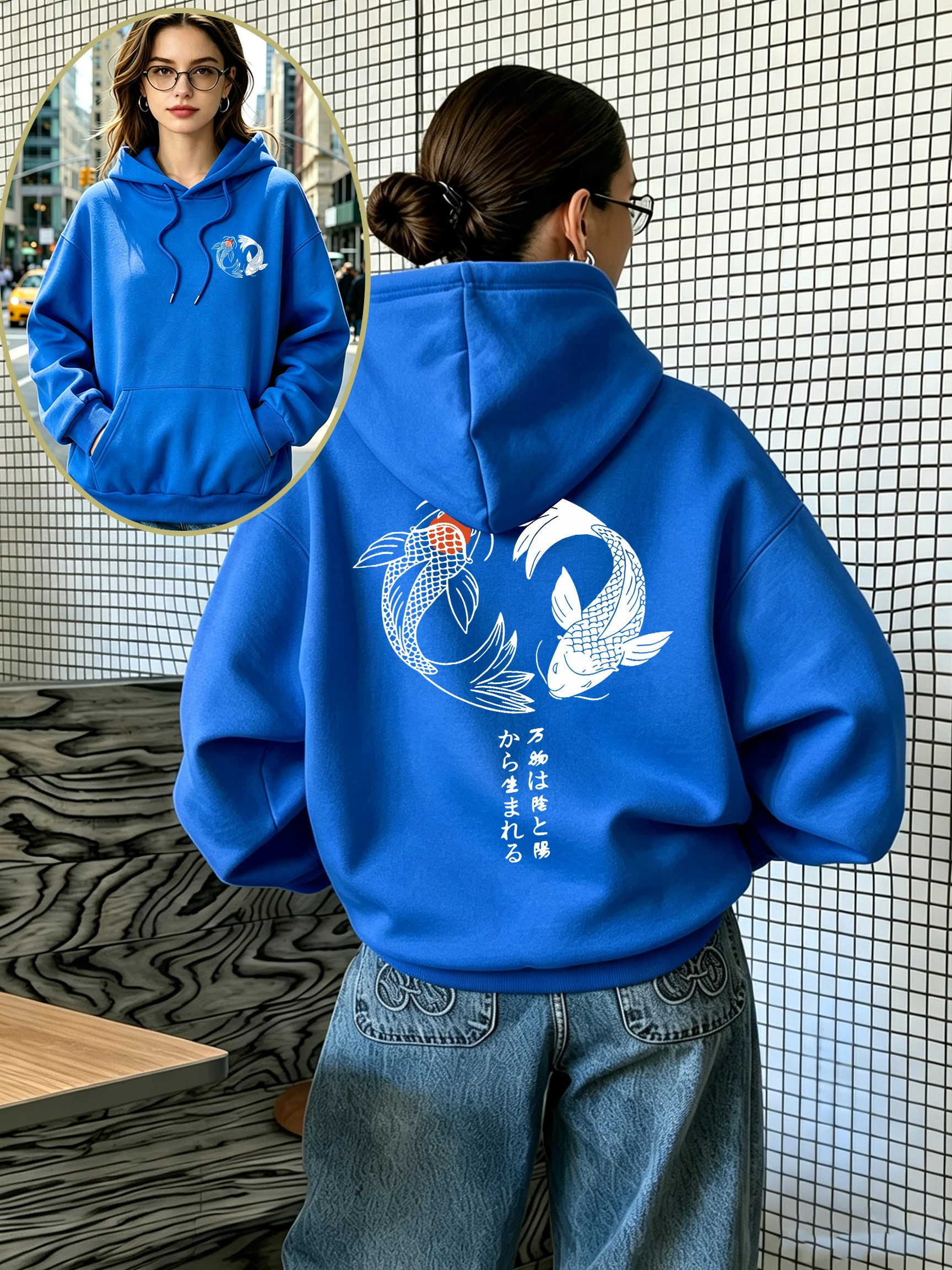 Japanese Koi Harajuku Illustration Pattern Women Hoodies Autumn Casual Streetwear Loose Fleece Pullover Jogging Pocket Hoody