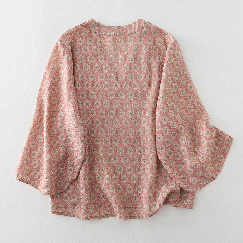 리미구에 민족풍 면 린넨 여름 셔츠 빈티지 플로럴 프린트 라미 블라우스 루즈 레이스업 가디건 통기성 여성 상의