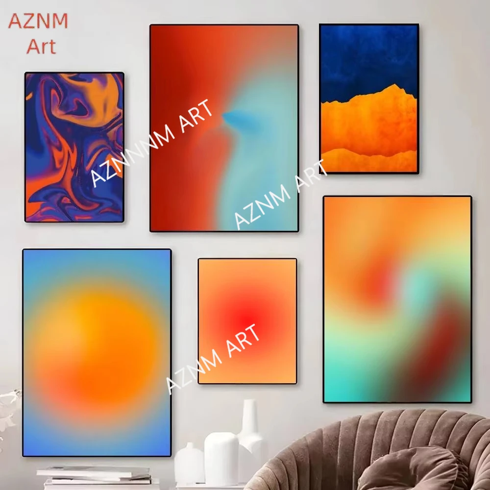 Farbverlauf blau orange modernes minimalistisches Poster-Wandbild für Wohnzimmer, Schlafzimmer, Wand, Büro, Wanddekoration, Geschenk für Freunde, ungerahmt