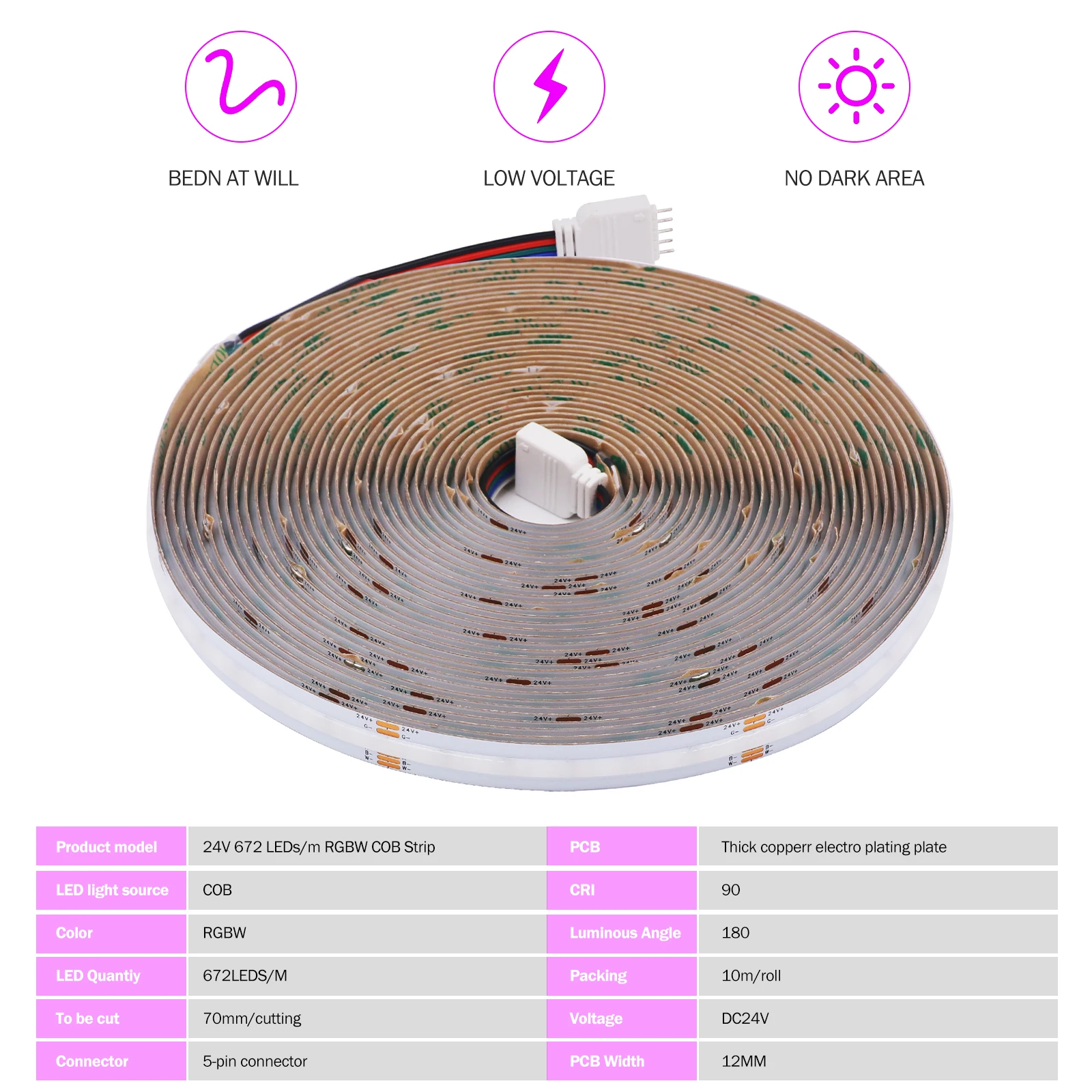 24V RGBW RGBWW COB LED Strip Light 10M 672LEDs/M High Density Dotless FOB Flexible LED Tape Ribbon LED Tape Diode for Room Decor