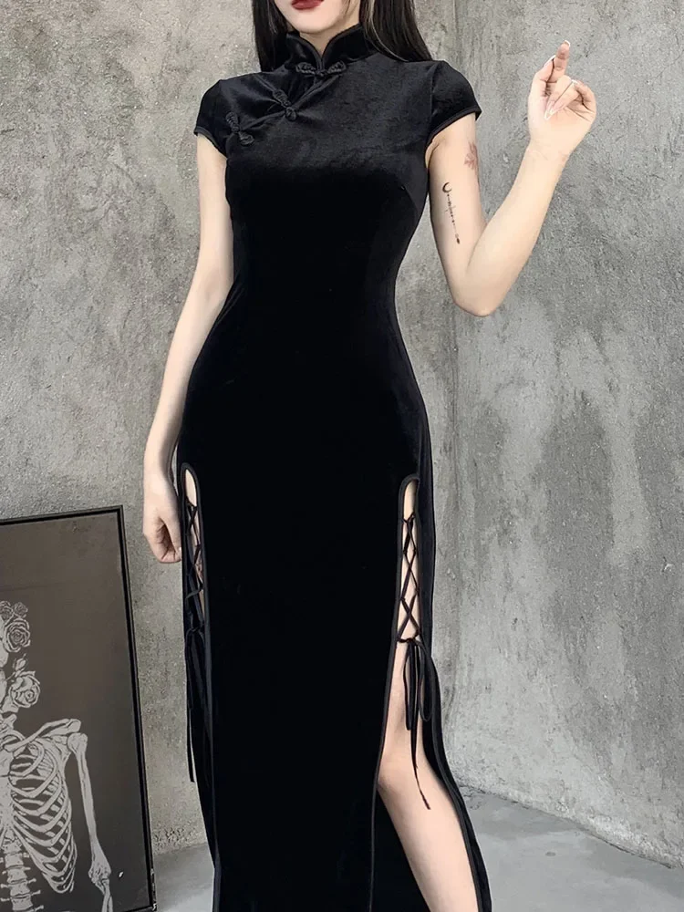

Vintage Black Velvet Bandage Dress Gothic Romantic Aesthetic Slit Hem Bodycon Evening Wear Sexy Cheongsam for Women
