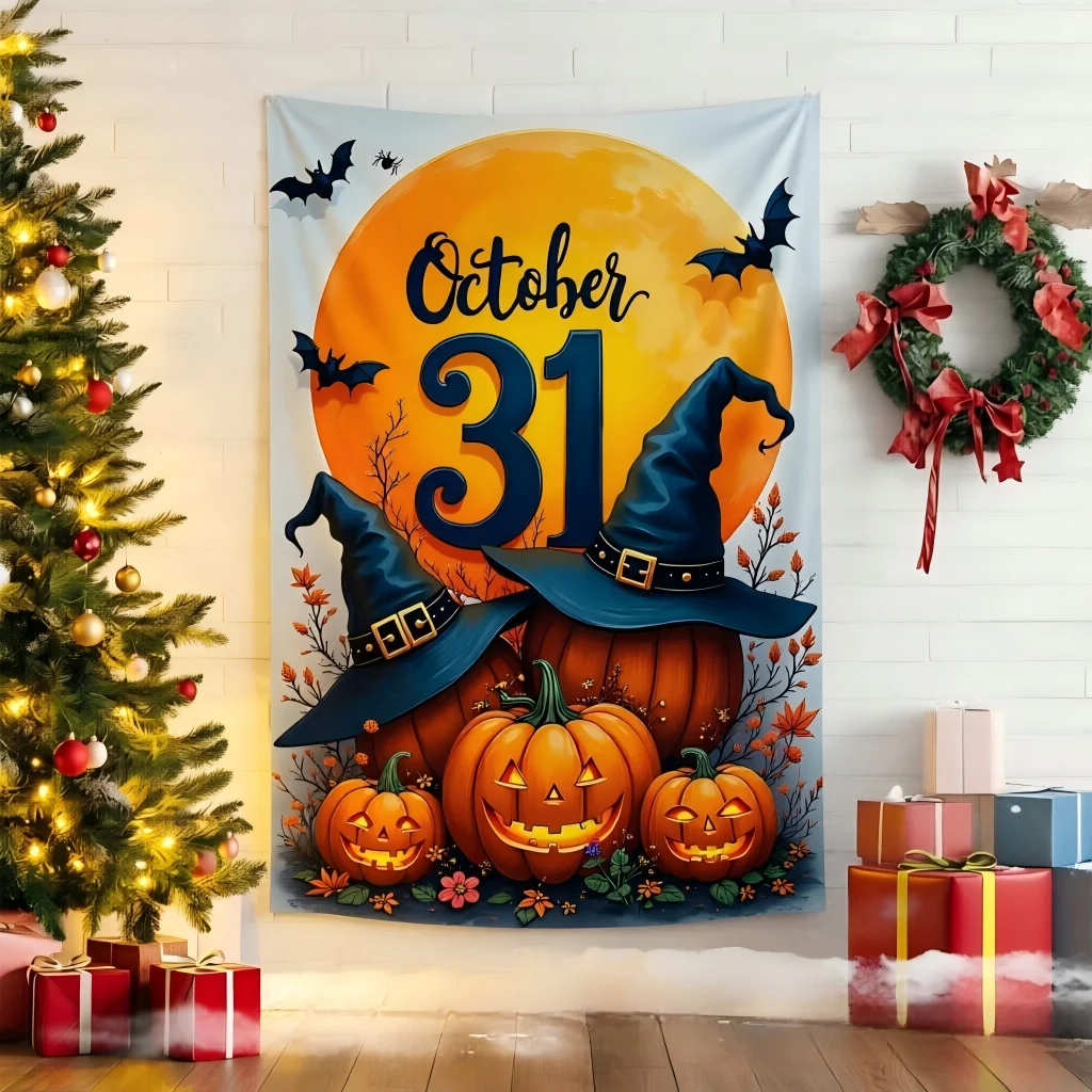 Halloween October 31 Holiday Tapestry  Holiday Party Wall Blanket, Home Bedroom Living Room Halloween Background Decor Gift
