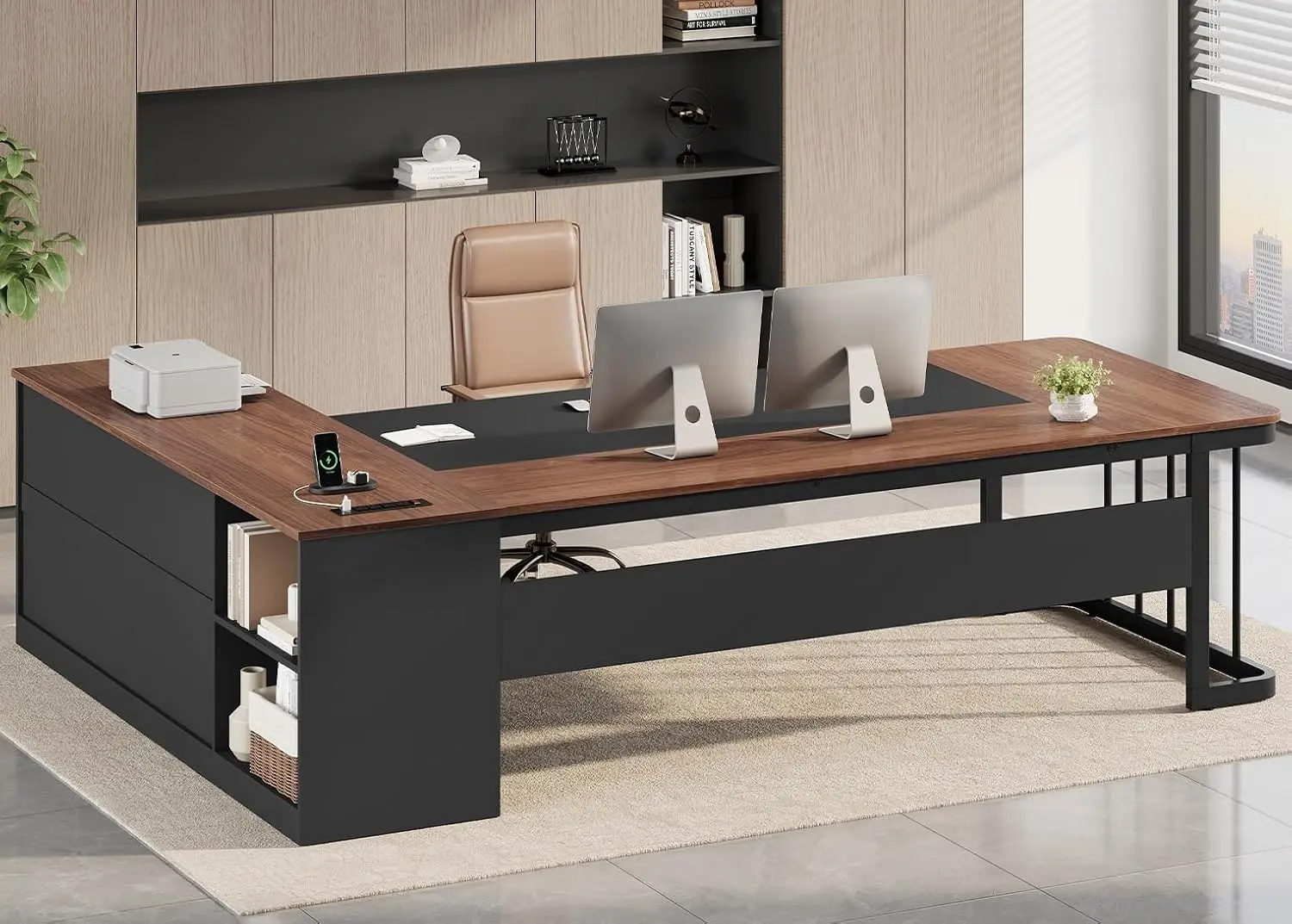 L-Shaped Executive Desk with Drawers, Shelves, Power Outlets & File Cabinet, Modern Office Workstation, 78.7