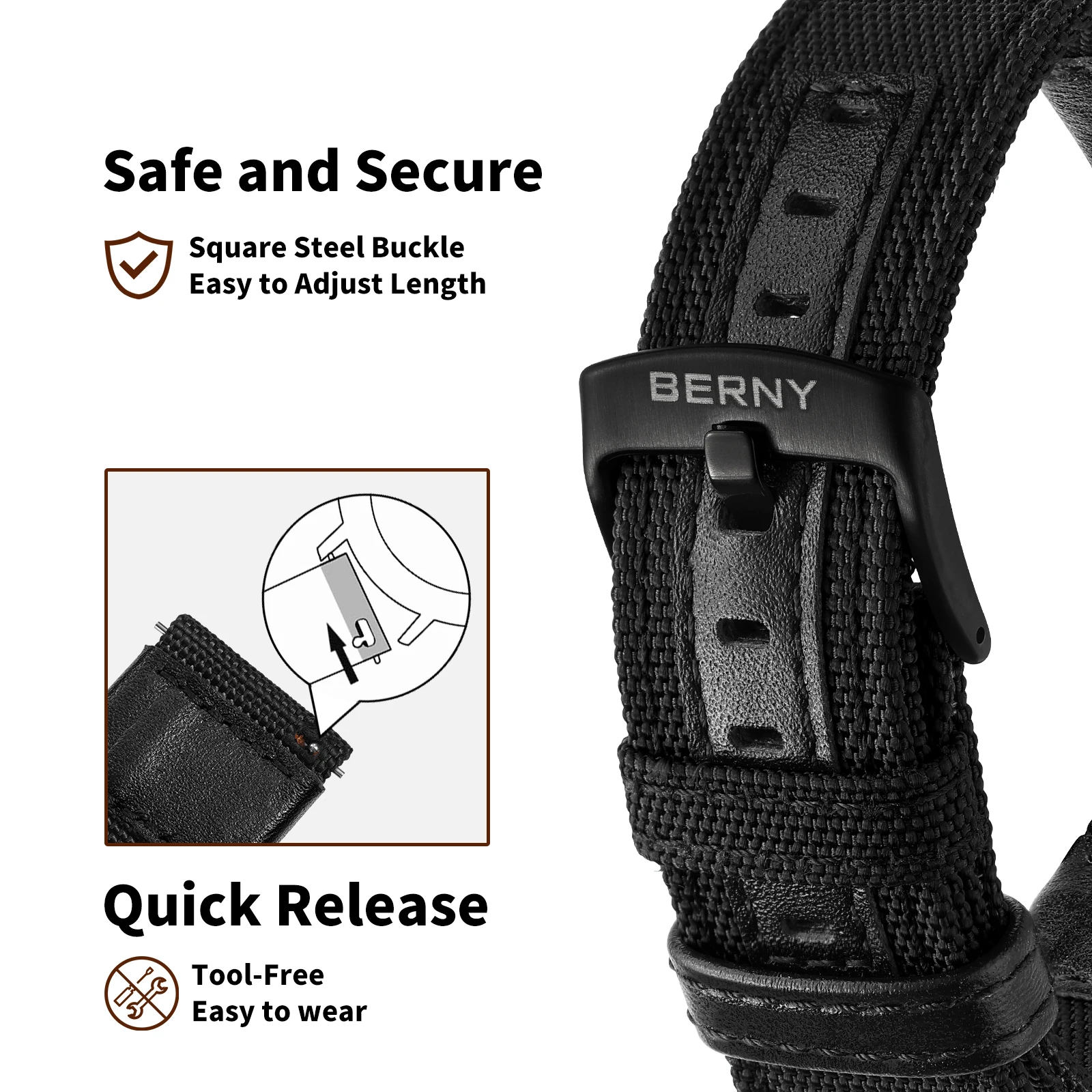 BERNY 20/22 mm Nylon-Uhrenarmband, atmungsaktiv, Sport-Uhrenarmbänder, gewebtes Nylon-Armband, Haltbarkeit, Stahlschnalle, werkzeugloses Uhrenarmband – Detail 8