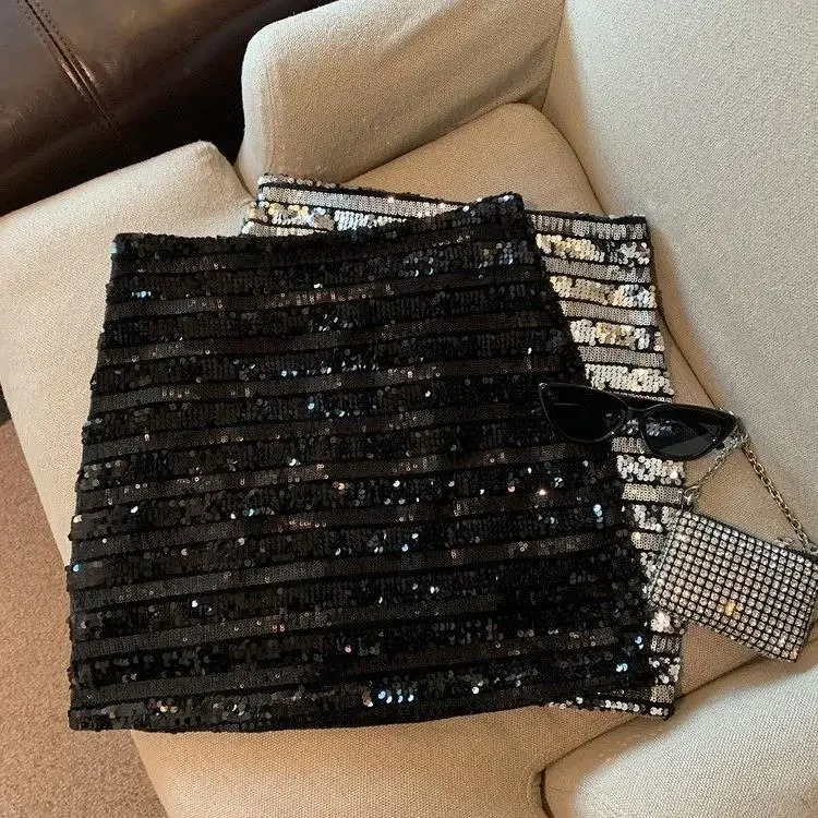 French silver-gray sequined skirt female spring and autumn new temperament hip skirt spice girl anti-exposure A-line skirt