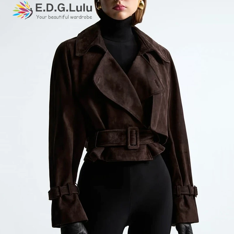 

EDGLuLu модный уличный пиджак с отложным воротником, женский осенний пиджак с длинными рукавами 2024, короткий коричневый пиджак + пояс 0818