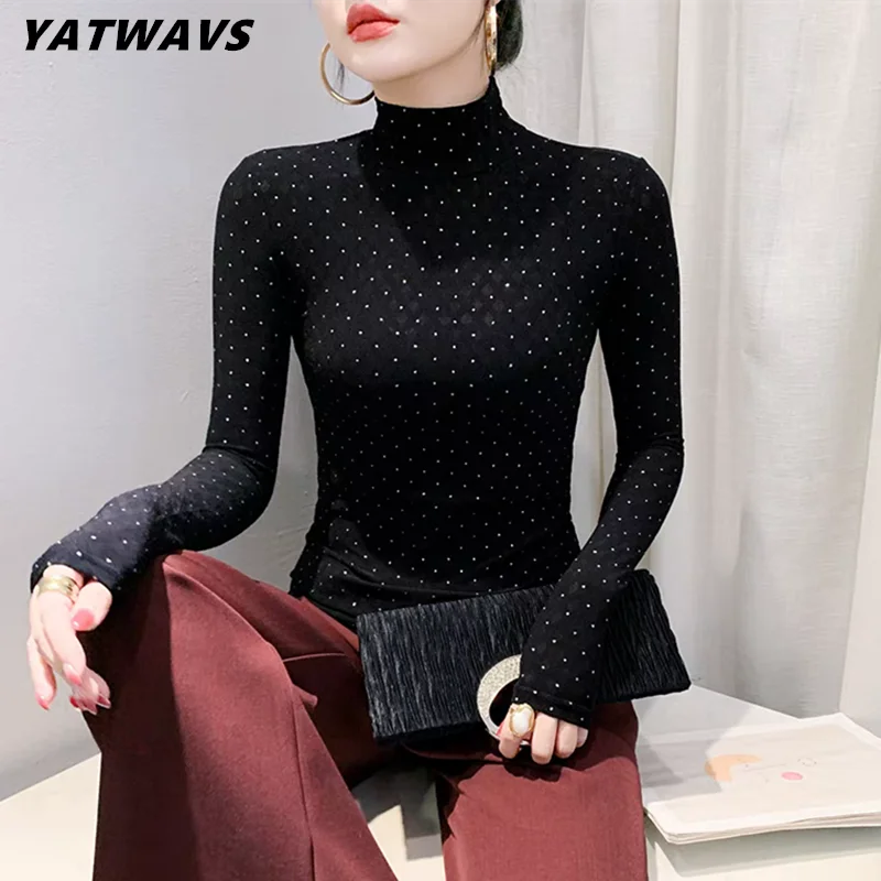 New 2025 Spring Women's Shiny Hot Diamonds T-Shirt Elegant Turtleneck Long Sleeved Mesh Tees Fashion Polka Dot Slim Tops Shirts