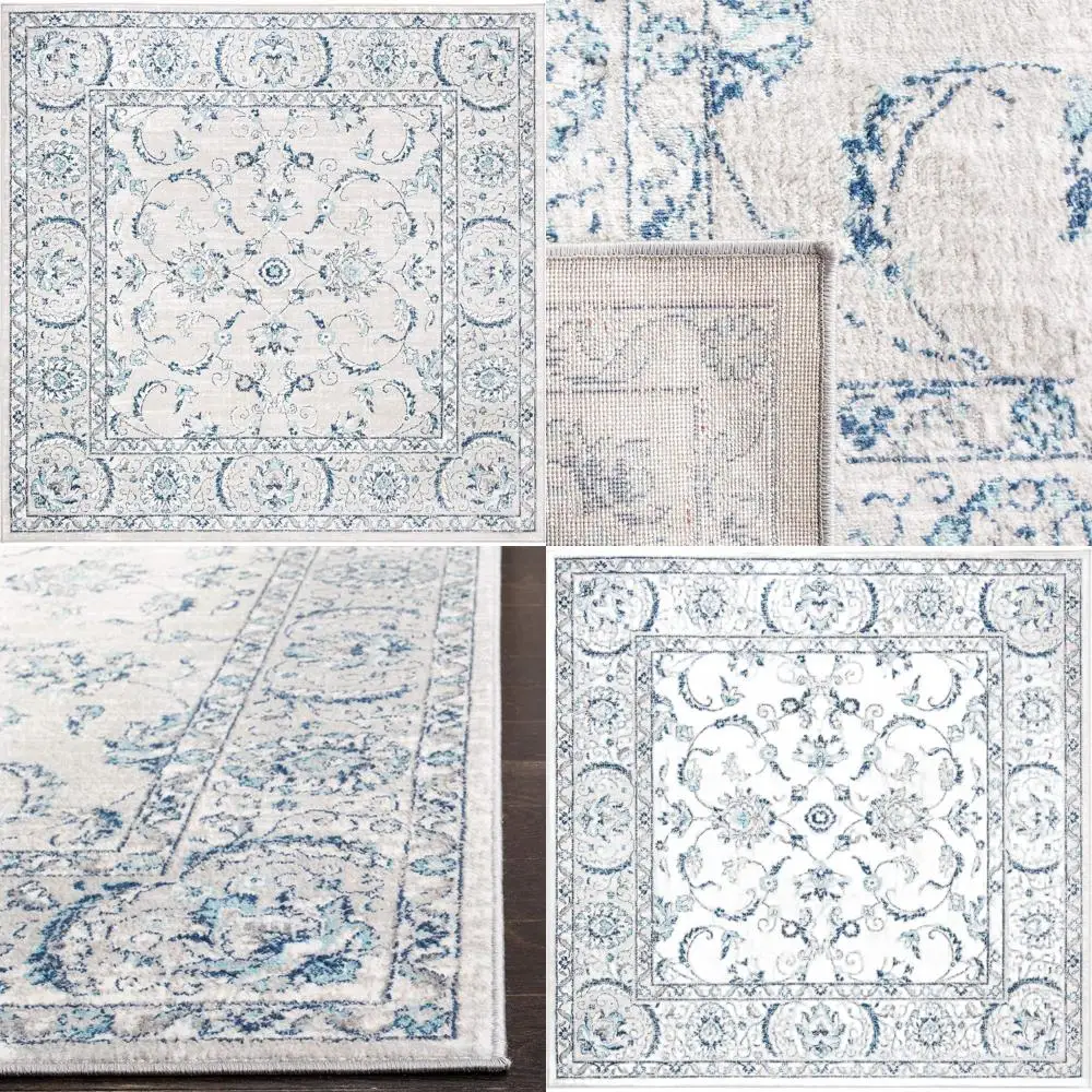 

9' Square Light Grey & Blue Oriental Floral Rug, Non-Shedding, Easy Care, Ideal for Living & Bedroom High Traffic Areas (BNT854G