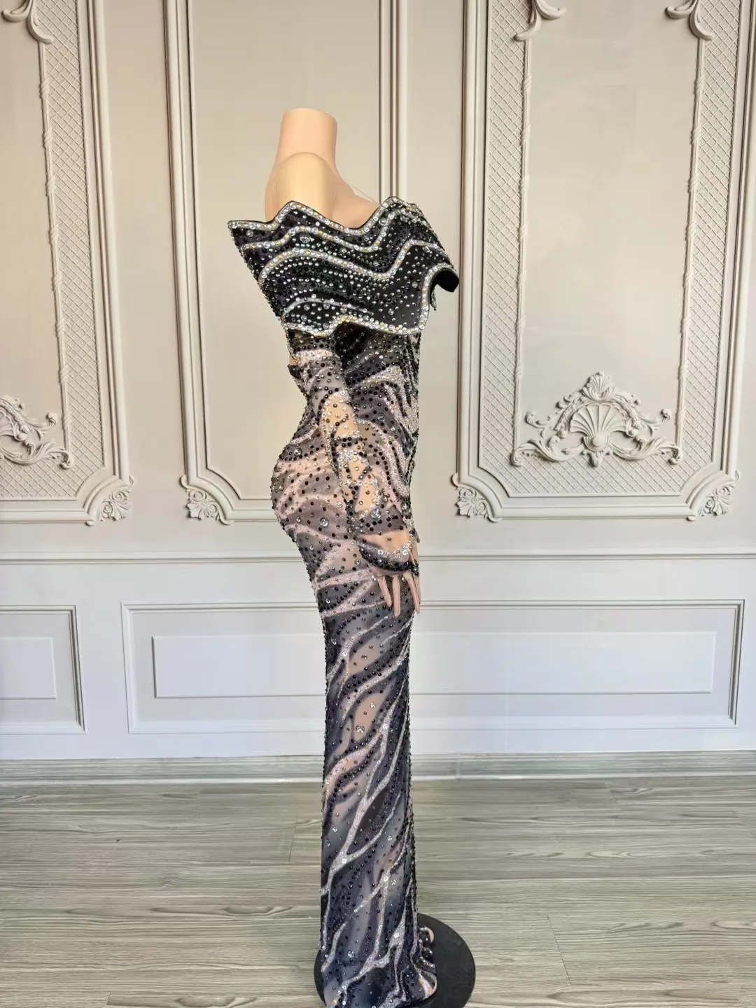 Trendy Nightclub Party Stage Performance Outfit Tight Fitting Long Dress Sexy Women High-end Rhinestone Blue Evening Gown Aorun
