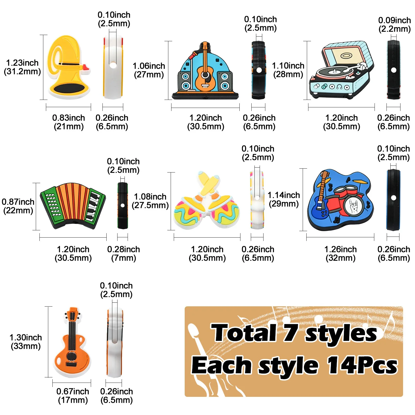 Pandahall 14Pcs 7 Styles Music Theme Focal Beads Silicone Musical Instrument Beads for Beaded Pen Jewellery DIY Making