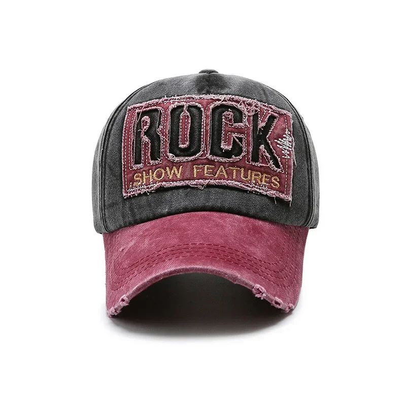 ROCK Letters Embroidered Patch Ripped Brushed Washed Distressed Design Style Unisex Cotton Adjustable Baseball Cap