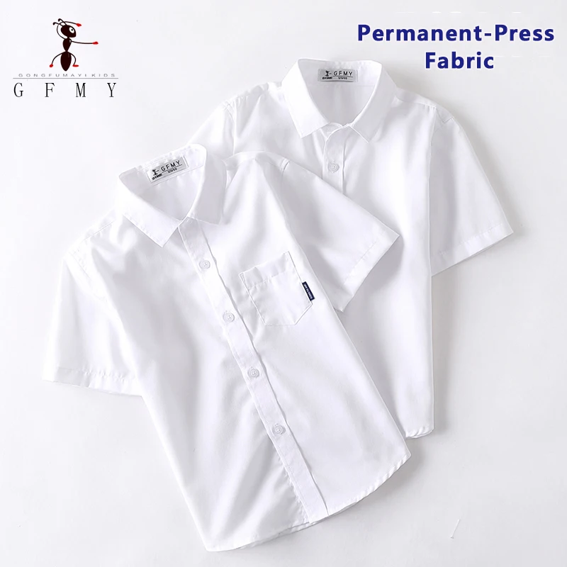 Summer Boy White Shirts 100%Cotton Liquid Ammonia Anti-wrinkle Short Sleeve Shirt Performance Host Dress Children School Uniform