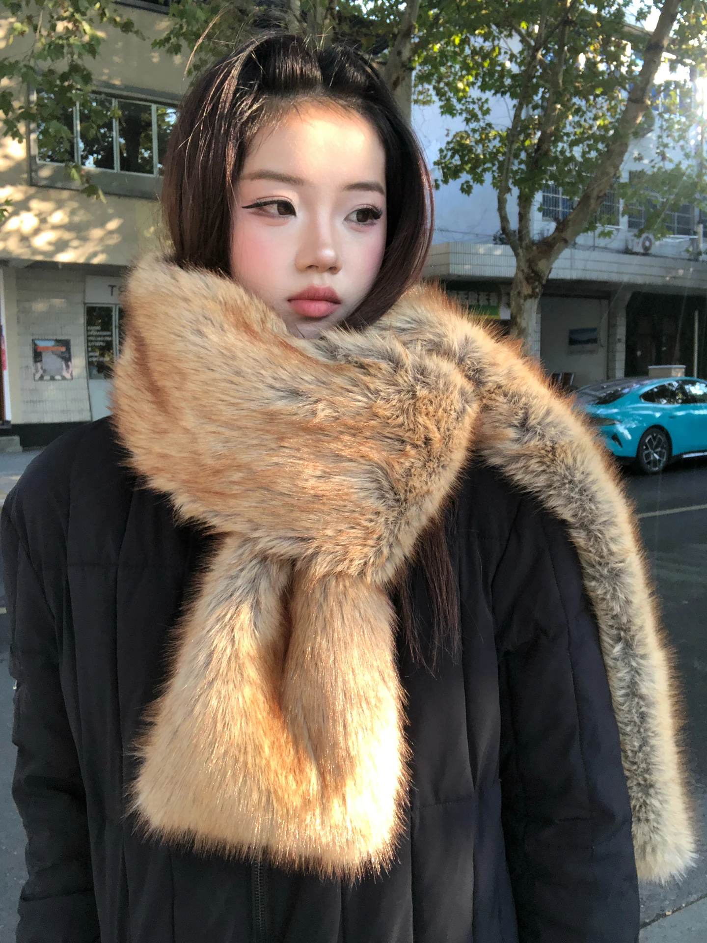 Long Fur Collar Fake Fur Scarf Thick Winter Women's Fashion High-End Feelings Warm Neck Warmer Black Eyed Beans Scarf