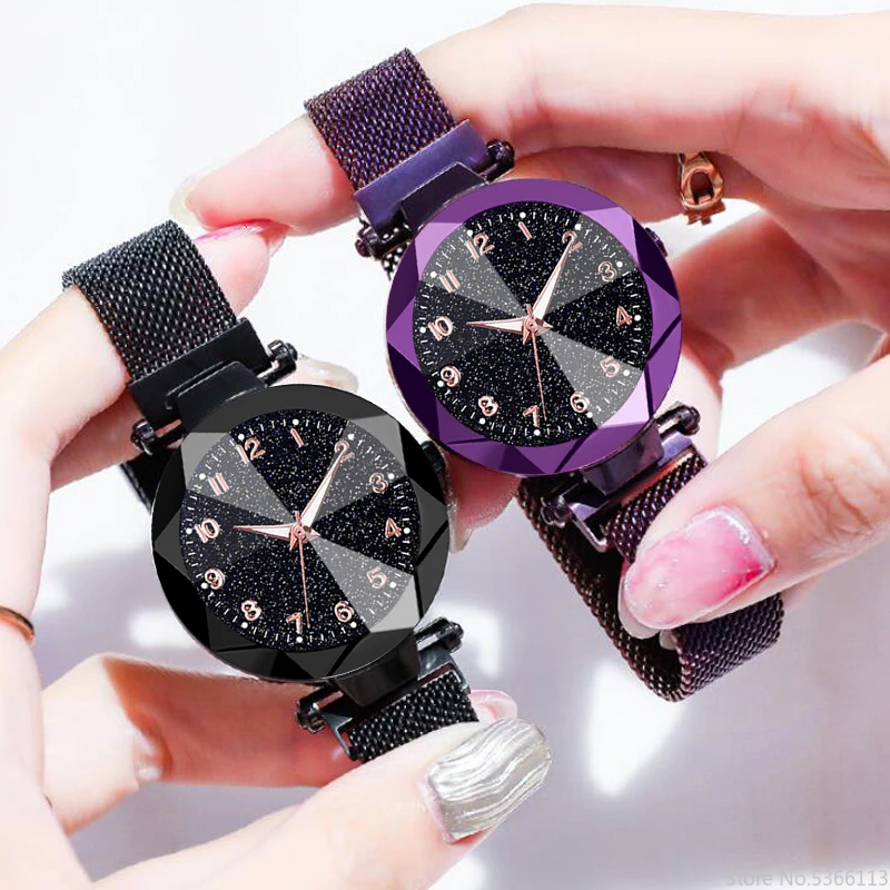 Fashion Starry Sky Watches Women Luminous Hands Black Mesh Band Quartz Wristwatches Ladies Magnet Watches Relogio Feminino