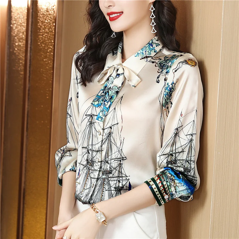 Elegant Bow Boat Print Satin Silk Shirts Women Tops Long Sleeve Work Blouses Casual Spring Autumn Ladies Fashion Party Shirts