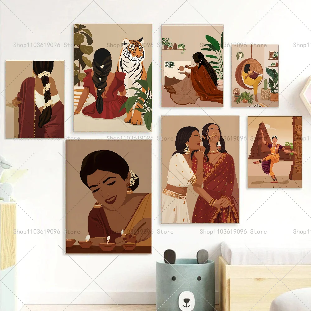 Asian Indian Tamil Girl Painting Boho Poster Self-adhesive Art Waterproof Paper Sticker Coffee House Bar Room Wall Decor