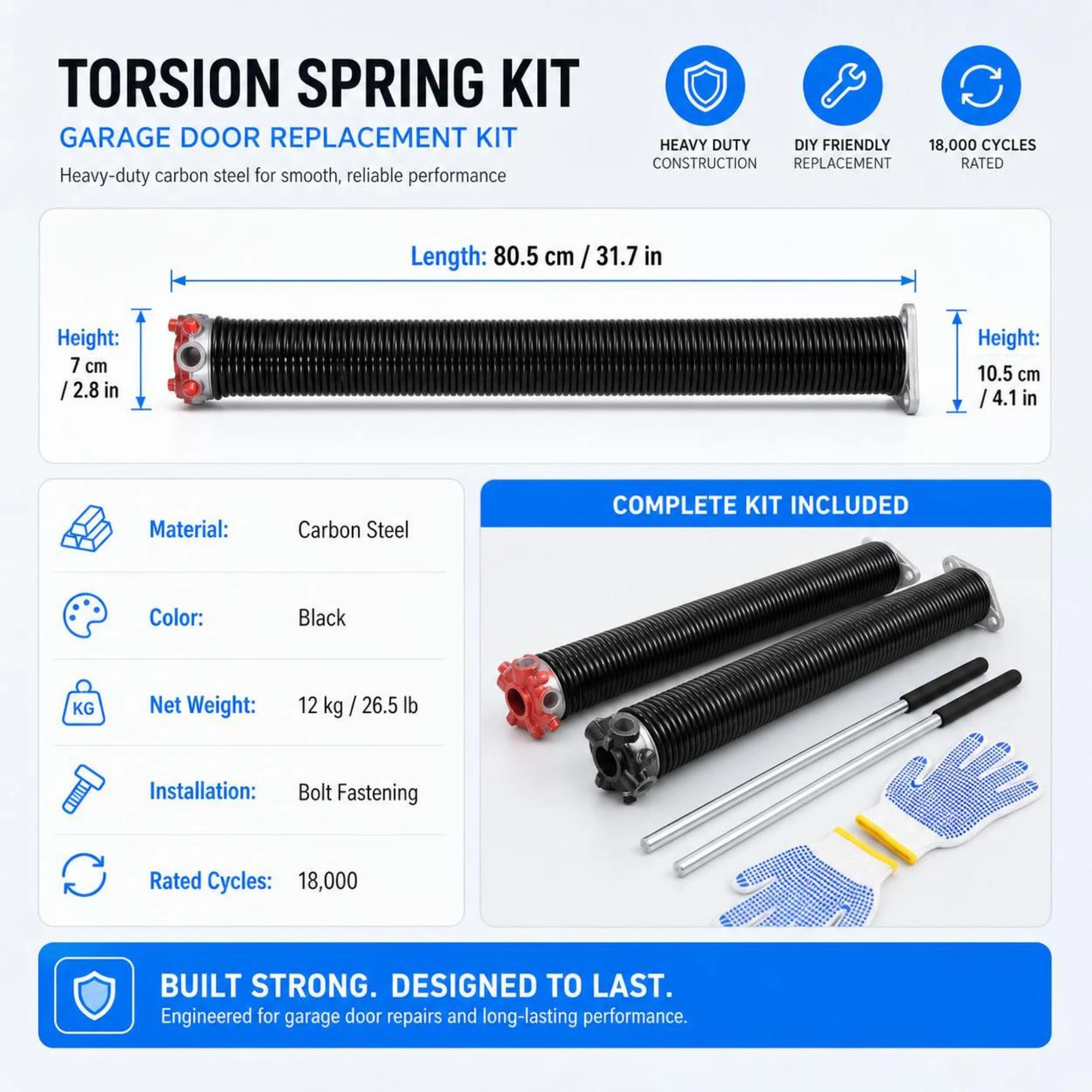 Garage Door Torsion Springs Replacement Kit, Complete Set with Winding Bars, Safety Gloves, 18000 Cycle Electrophoresis Coated Springs, Heavy Duty, Suitable for Home Garage, Warehouse, Workshop, Farm, Shop, Rustproof and Durable