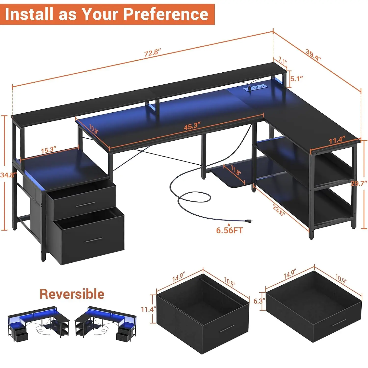 L Shaped Gaming Desk with File Drawer & RGB LED, 66
