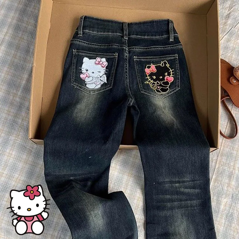 

American Hello Kittys Y2K Jeans Women Cartoon Embroidery Trousers Girl High Waist Wide Legs Pant Fashion Casual Pants Streetwear