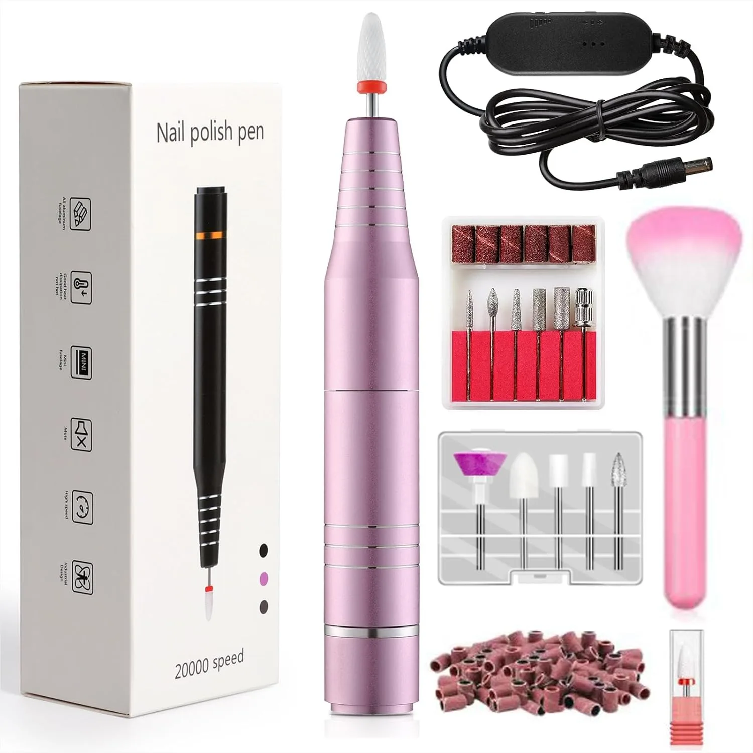 Electric Nail Drill for Acrylic Gel Nails, Low Vibration Ultra Quiet Portable E File with Bits and Sanding Bands for Home