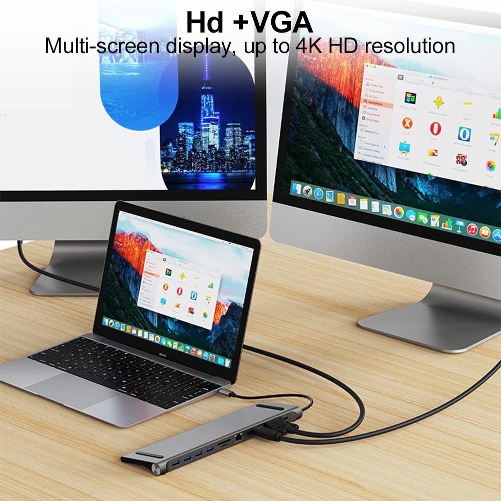 11 in 1 USB C Hub Triple Display with 4K HDMI-Compatible VGA Ethernet Type C Hub for MacBook Pro/Air Dell HP Surface Lenovo ASUS