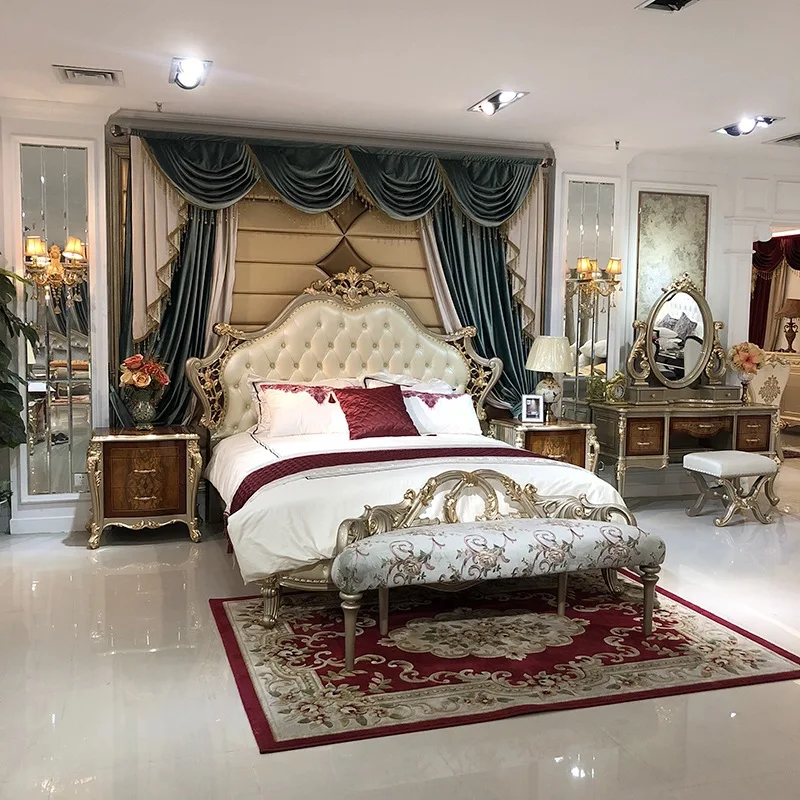 French leather bed set, European solid wood carving flower soft backrest double bed master villa bedroom wedding bed retro queen