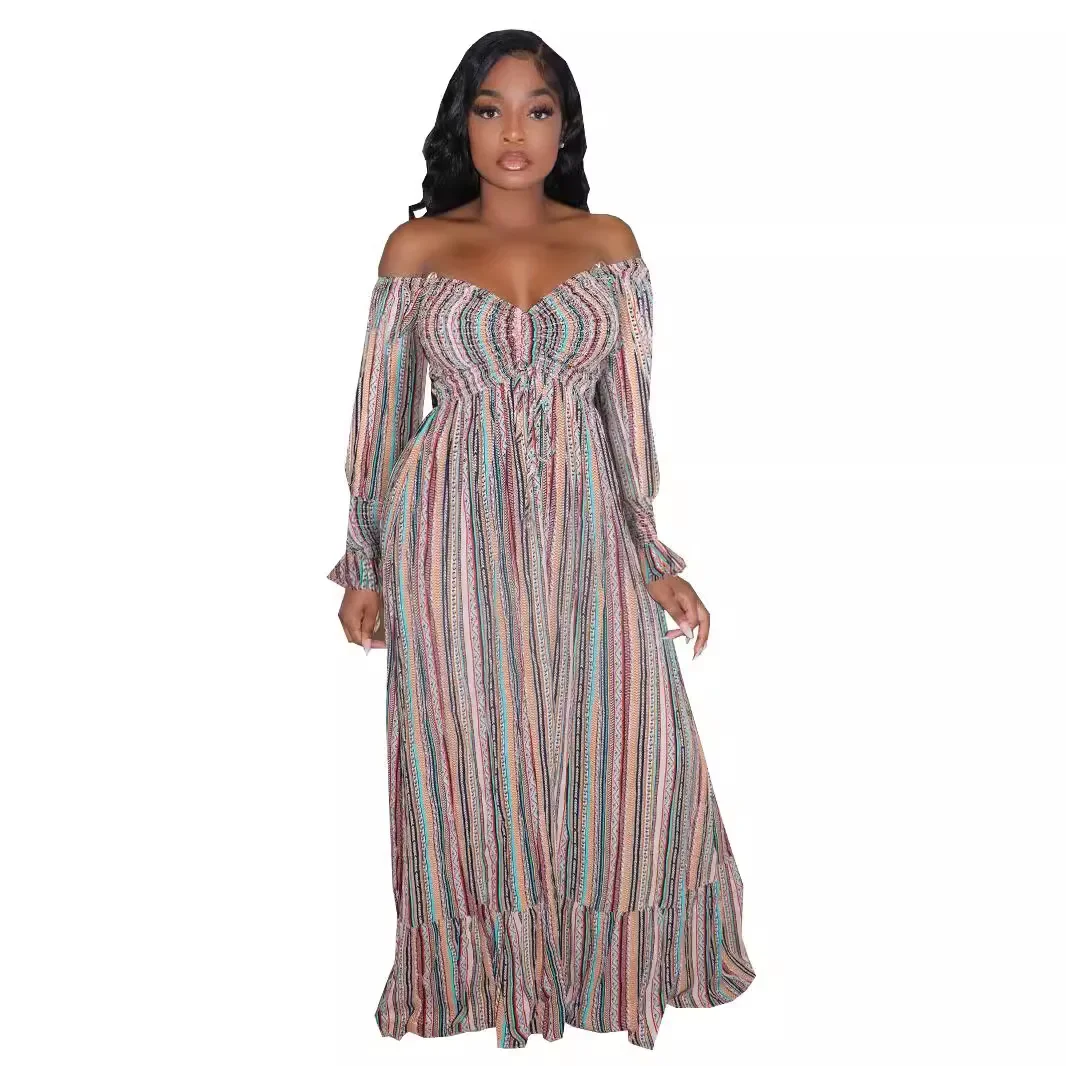 TW536 Hot-selling Casual Temperament Women's One Shoulder Boho Dresses Women's Striped Pleated Dress
