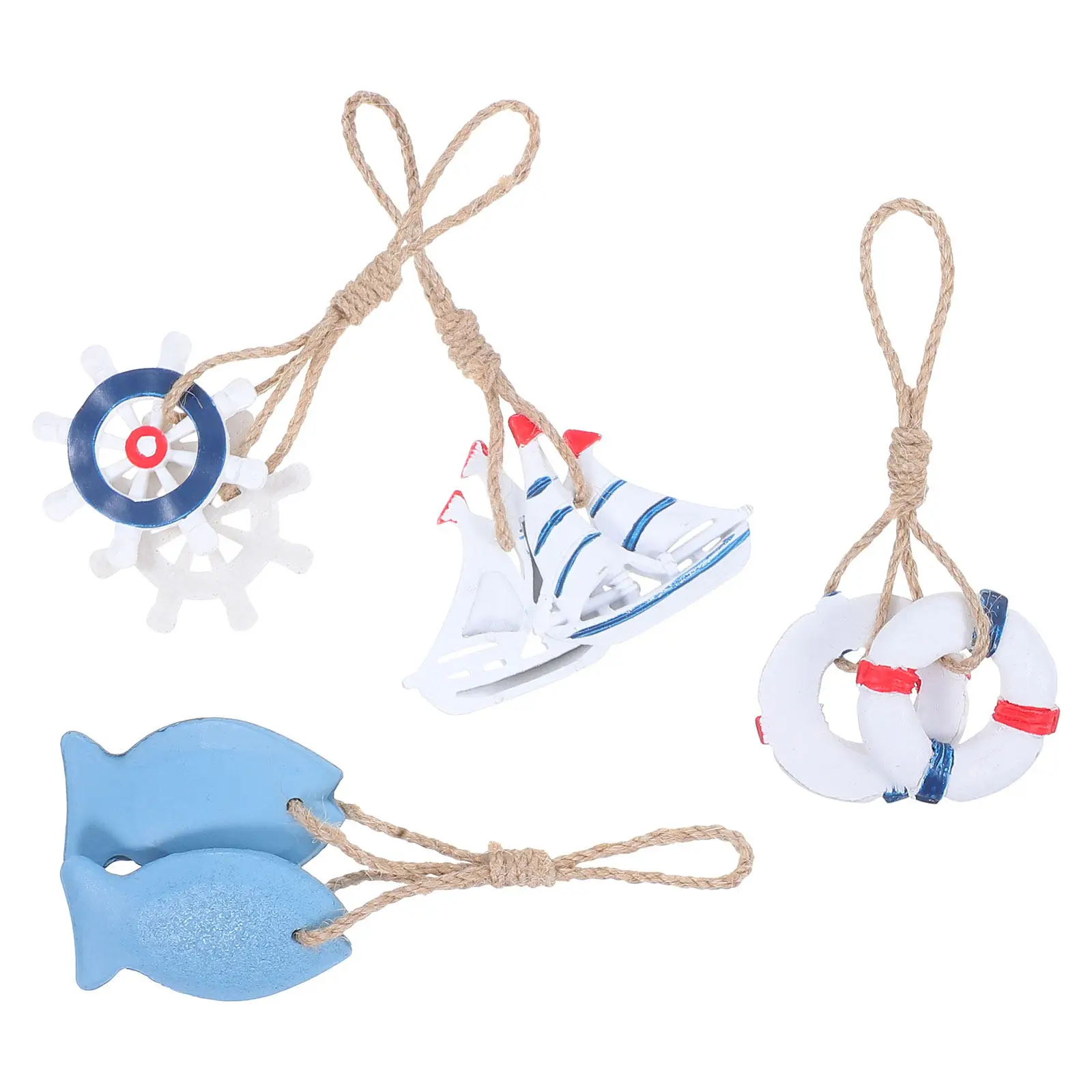 4Pcs Mediterranean Style Nautical Hanging Ornaments Fishing Nets Fish Lifebuoys Rustic Beach Decor Ocean Themed Wall Decoration