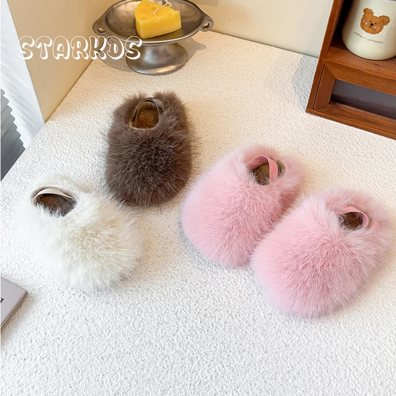 

Pink Long Hair Fur Mules Baby Kids Winter Warm Plush Slipper Toddler Child Casual Pull-on Fluffy Cotton Shoe with Back Straps