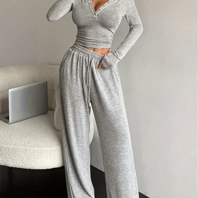 

Однотонный облегающий комплект из двух предметов с длинными рукавами, осень-зима, новый стиль, повседневная домашняя уличная одежда, полиэфирная ткань