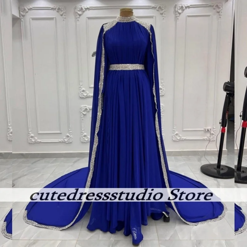 Elegante marineblaue Satin-Abendkleider mit Schal, arabische Frauen, exquisite Pailletten, langes A-Linien-Hochzeitskleid, individuell gestaltet