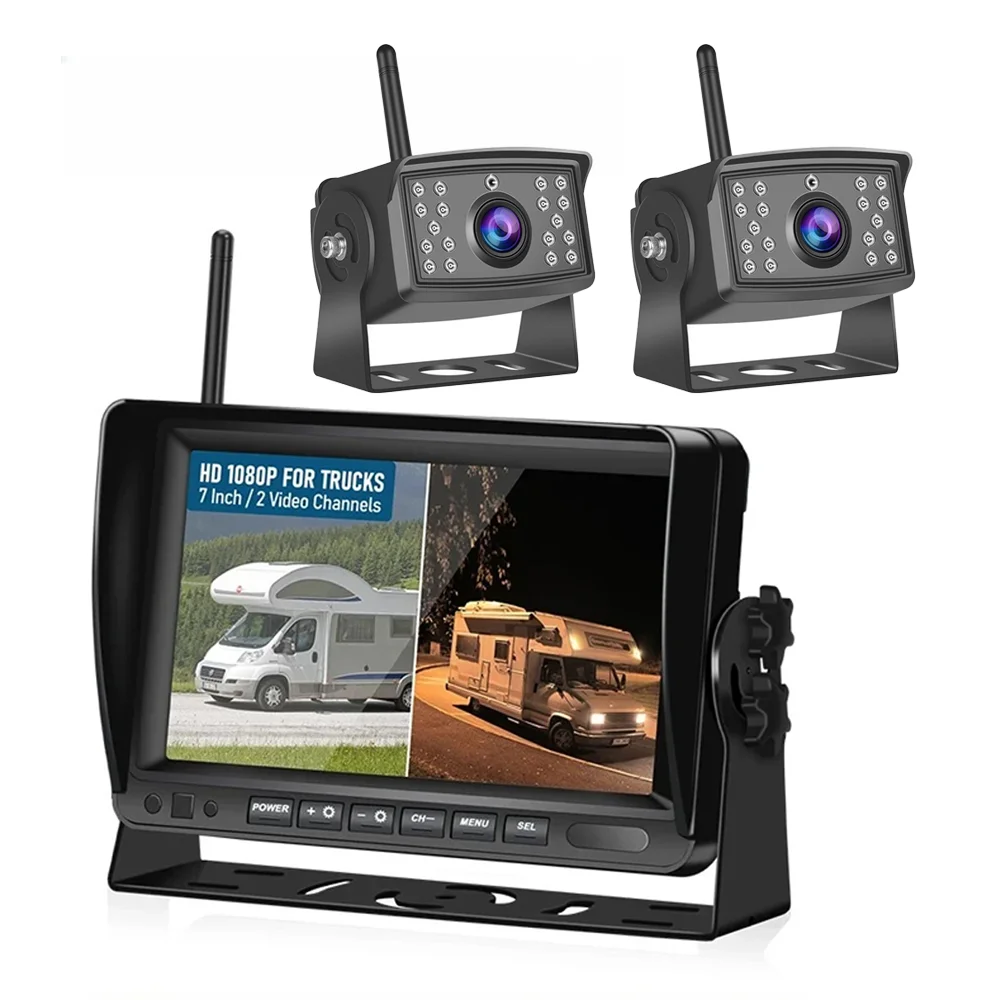 AHD 1080P Wireless Backup Camera DVR 7 Inch IPS Monitor 2Channel IR Night Vision WiFi Rear View Cam for Truck RV Van Trailer Bus