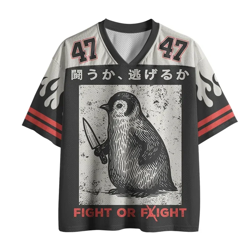 Adult and Kids' Subculture Edgy Penguin Punk 3D Printed Jersey, “Fight or Flight” Japanese-style Fun American Retro Short Sleeve