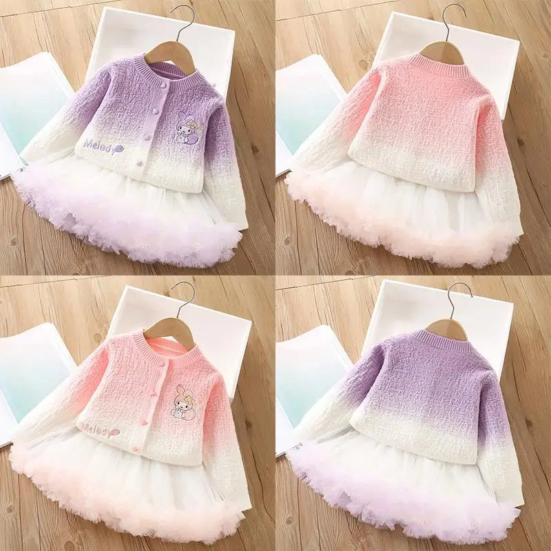 

Sanrio Kawaii Children Sweater Set Anime Cartoon My Melody Autumn Winter Knitted Cardigan Skirt Two-Piece Set Girl Birthday Gift