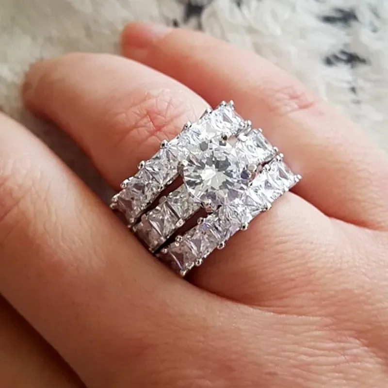 Handmade 3-in-1 Statement Ring sets 925 Sterling Silver Princess cut Diamond Engagement Wedding Band Rings For Women Jewelry