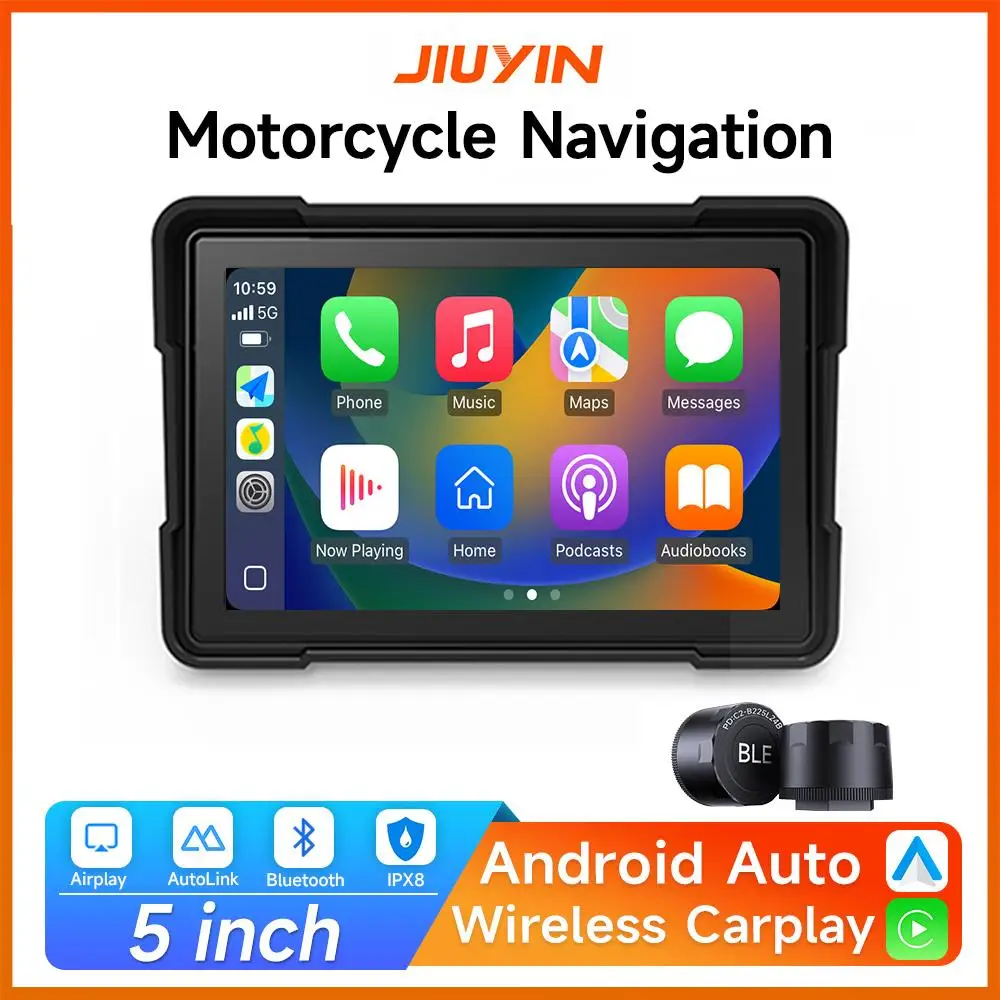 

5 inch Portable Motorcycle Display Bluetooth IPX7 Waterproof Monitor For Wireless Carplay Android Auto Dual Recorder Navigation